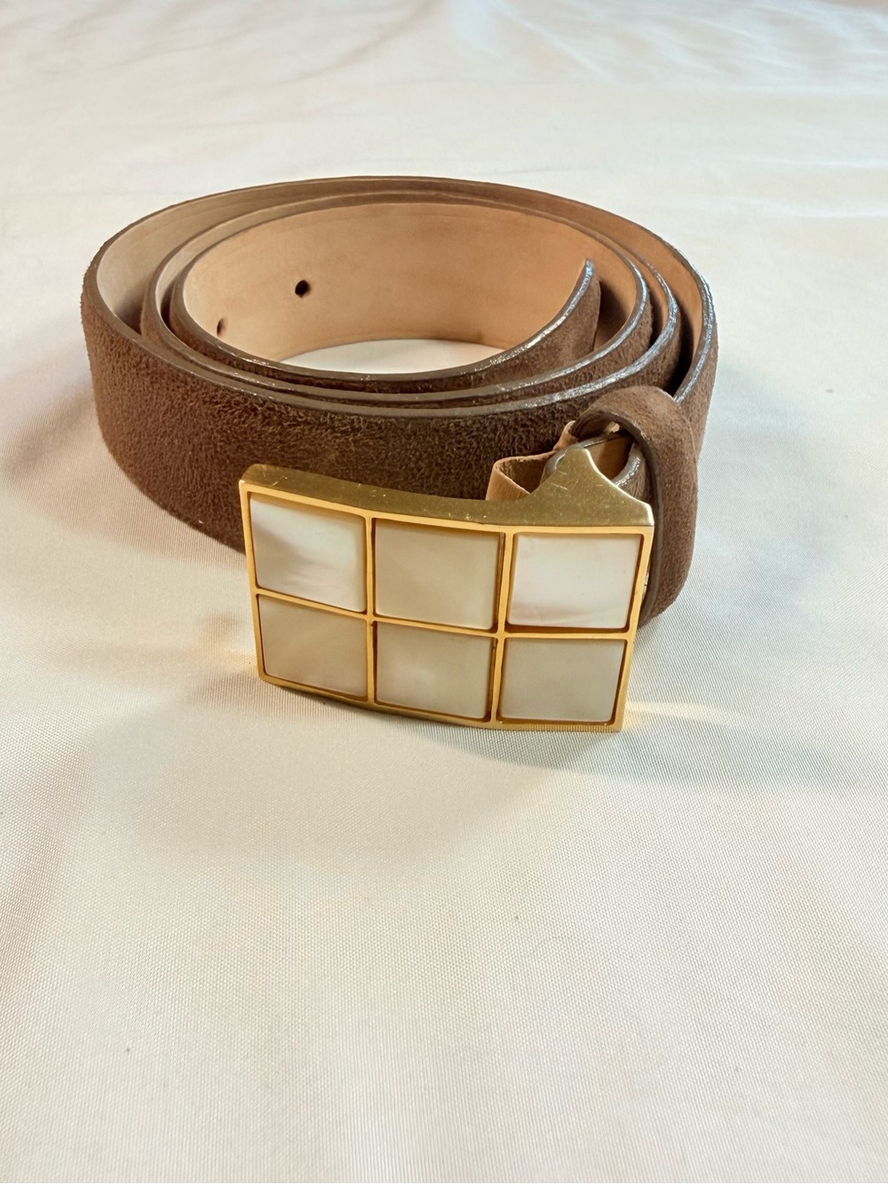 Vintage Worth Genuine Leather Belt Suede Gold Pearlized Inlay Buckle Medium USA